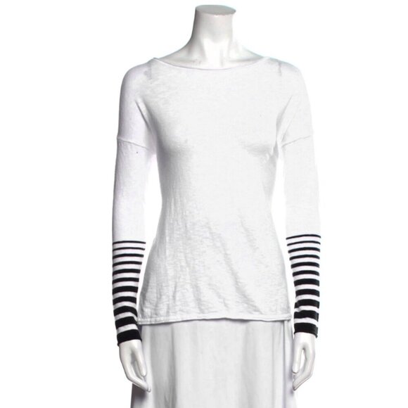 VINCE Long Sleeve Shirt 100% Cotton Top Stripe Arms Scoop Neck White Black M - Picture 1 of 9
